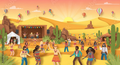 People dancing at a vibrant desert music festival with hot air balloons and cacti a lively outdoor celebration