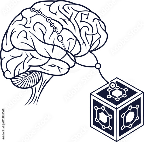 Stylized line drawing of brain chained to cube with molecular structure, symbolizing AI control and integration Isolated white background