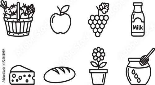 A variety of fresh foods and ingredients in a simple illustration Vector