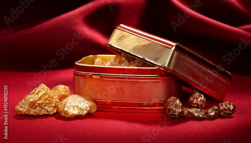 Myrrh Frankincense Gold Box And Nugget On Red Silk Representing Wealth And Aroma