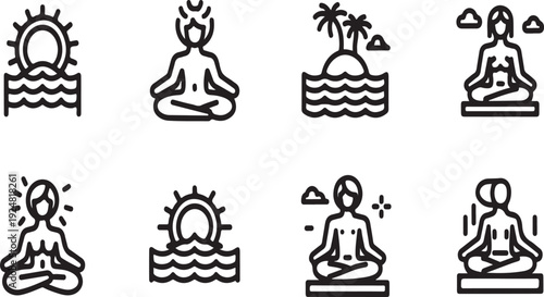 Eight different yoga poses with a focus on relaxation and water elements Vector