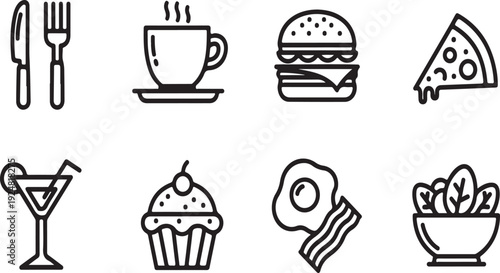 A variety of food and drink icons showcasing different meal options and treats Vector