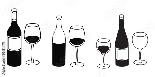 Wine bottle and glass silhouette pattern in black vector style for bar, restaurant, packaging, wallpaper, and beverage branding design