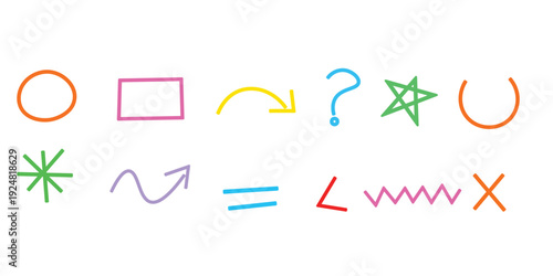 Hand drawn brush strokes abstract shapes arrow, asterisk, line element set. Grunge markers stroke arrows, organic curves. Geometric line circle, wave, star shapes. Vector illustration
