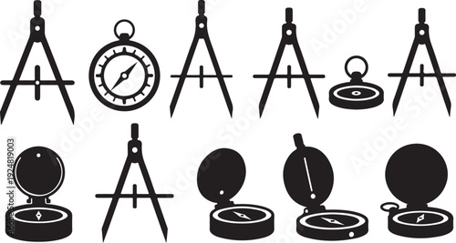 Various black stopwatch and easel silhouettes on white background