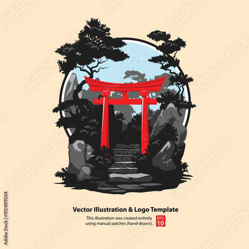 Japanese Torii Gate in Zen Garden with Bonsai Trees and Mountains – Oriental Vector Illustration