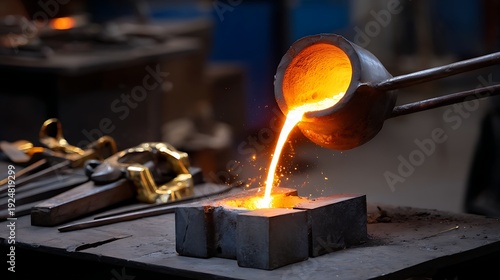 Molten Metal Pouring from Ladle in Artisan Foundry Workshop