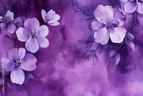 An enchanting watercolor floral background in deep purple tones with elegant blossoms, creating a dreamy backdrop suitable for artistic invitations and prints.