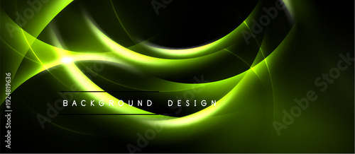 Abstract neon waves, vibrant green glows over black backdrop. Modern design element, dynamic energy radiates. Smooth curves create visual interest.