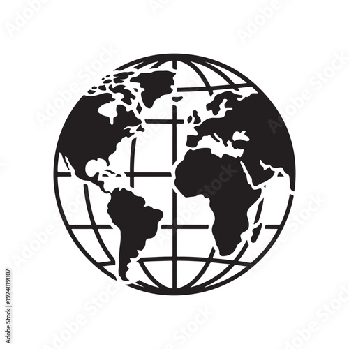 Black and White Earth Globe Icon with Grid Lines and Continents Visible
