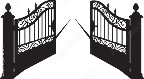 Open Iron Gate Silhouette with Ornate Details and White Background