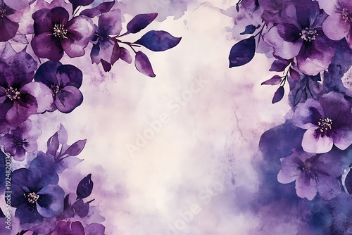 An enchanting watercolor floral background in deep purple tones with elegant blossoms, creating a dreamy backdrop suitable for artistic invitations and prints.