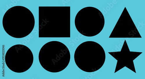 Black geometric shapes circle square triangle star on cyan background