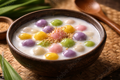 A bowl of colorful dessert with a wooden spoon, showcasing various flavors and textures