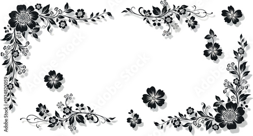 Black floral ornamental corner with shadow effects on white background flower