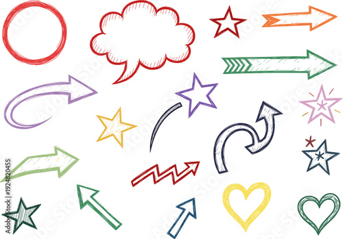 A collection of hand-drawn shapes including arrows, stars, speech bubbles, and hearts.