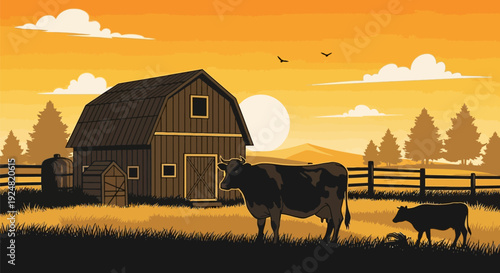 Rustic barn with cows grazing in serene countryside at sunset