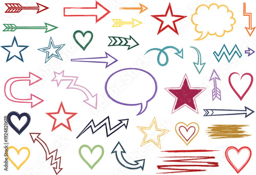 A collection of hand-drawn arrows, stars, hearts, and speech bubbles in various colors.