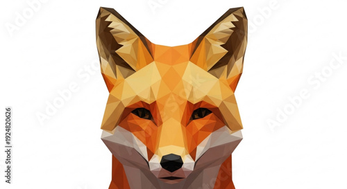 Low poly fox head with geometric shapes and vibrant orange fur on white background