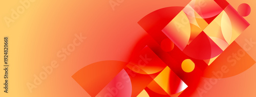 Abstract design features vibrant orange, red shapes. Overlapping forms create dynamic visual effect. Gradient background adds depth.
