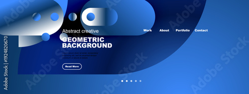 Blue website header displays abstract shapes, text, navigation menu. Minimalist design promotes geometric background, creative content.