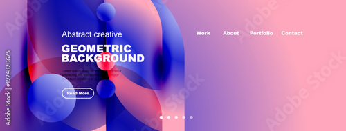 Abstract geometric background design. Vibrant colors, fluid shapes, website header mockup with navigation options. Modern aesthetic.