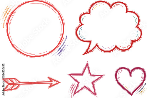 Hand-Drawn Shapes: Circle, Speech Bubble, Arrow, Star, and Heart, in a Red and White Design.