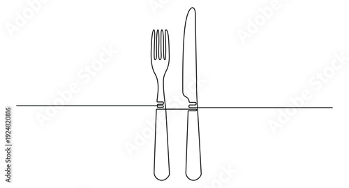 Continuous one line drawing of a knife and fork cutlery set on white background