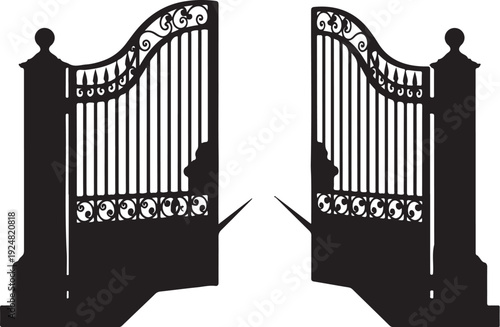 Black Iron Gate with Ornate Details and White Background