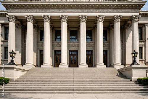 A grand building entrance with towering columns and a staircase leading up to the doors. The facade showcases classical architectural elements.
