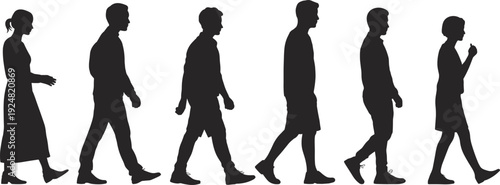 Black silhouette of people walking in a row, men and women in various casual outfits, side view profile of pedestrians (20 words)