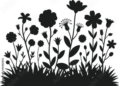 Black silhouette flower bed with various blooming plants and grass white