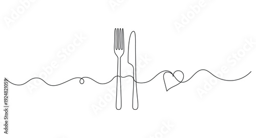 Fork and knife continuous one line drawing minimalist outline illustration with heart shape