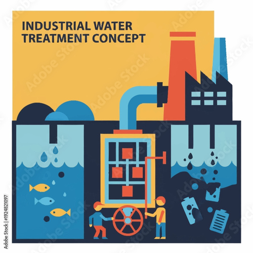 Industrial Water Treatment Process Illustration with Factory and Purification System.