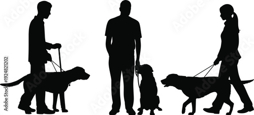 Black silhouette of people walking with service dogs, labrador retrievers on leashes, blind person with guide dog set on white background (22 words)