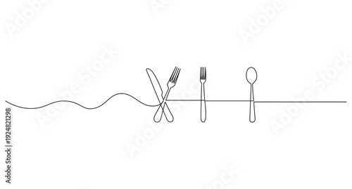 Continuous one line drawing of a cutlery set with knife forks and spoon on white background