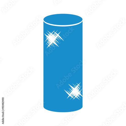 Blue cylindrical tube with scratched surface isolated on white background, featuring reflective light effects and minimalist design