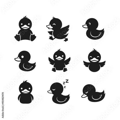 Duck mascot logo collection in minimal flat silhouette style