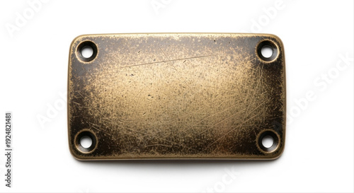 Rustic scratched metal buckle isolated on a clean white background with four corner holes, showcasing an aged texture and vintage patina effect