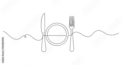 Knife fork and plate continuous one line drawing minimalist outline illustration