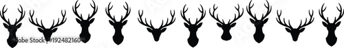 Collection of deer head silhouettes with various antler shapes, stag and buck trophy hunting icons on white background