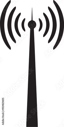 Black Radio Tower Broadcasting Signal Icon on White Background