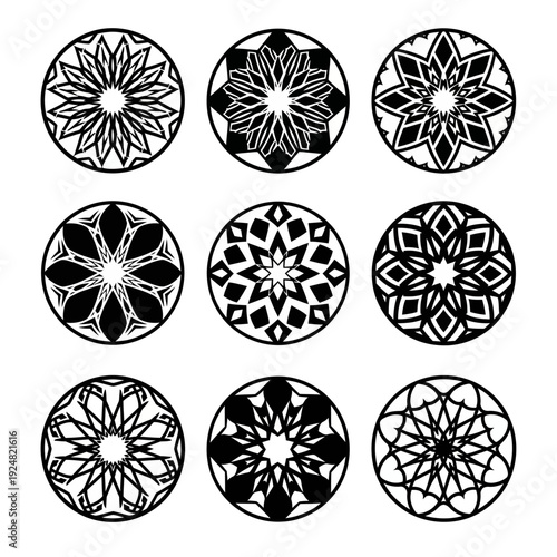 Elegant radial mandala symbols suitable for spa branding and boutique labels.