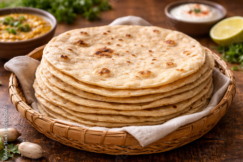 Stack of freshly baked flatbreads in a rustic setting, with a glimpse of complementary dishes. The flatbreads are neatly arranged, showcasing their textured surface and golden-brown hue