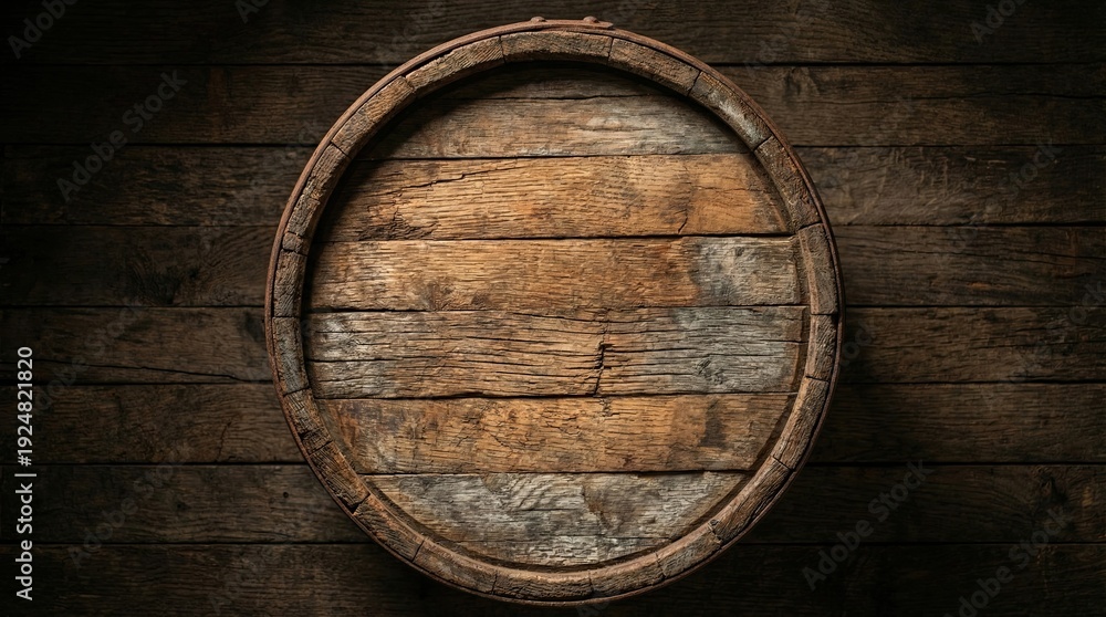 Fototapeta premium Aged wooden barrel front on rustic wooden planks background, rustic texture