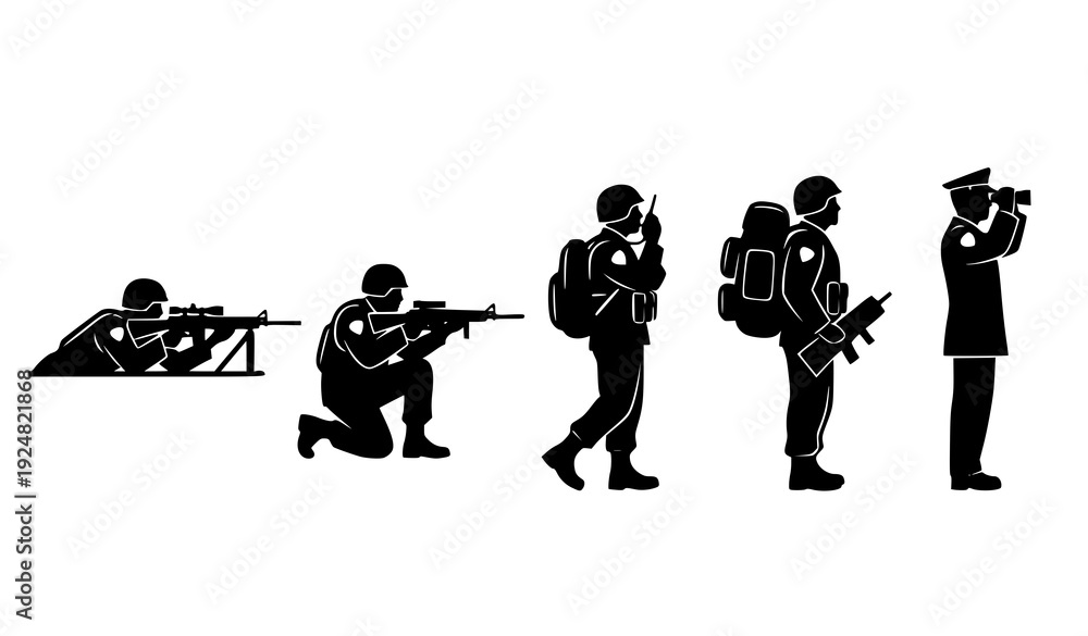 Obraz premium Minimal Military Soldier Silhouette Icon Set Vector Isolated on White Background