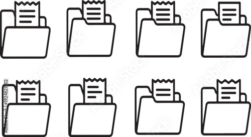Eight folders with documents, each containing a single sheet of paper with a corner fold. Vector