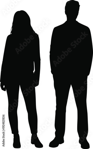 Full length silhouette of a man and woman standing together in professional casual attire, business couple or partners on white background (22 words)