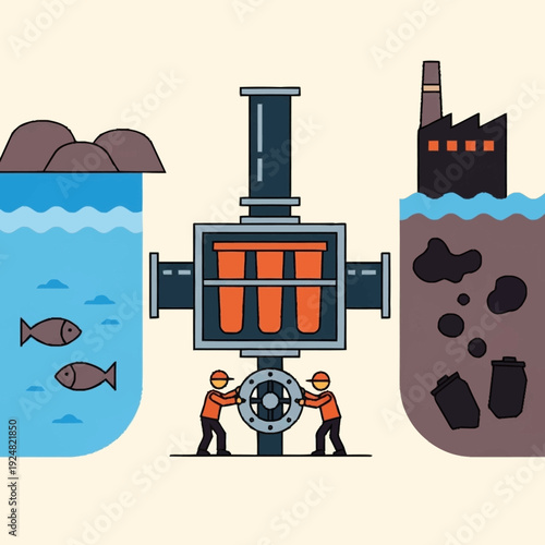 Industrial pollution control equipment filtering contaminated water.