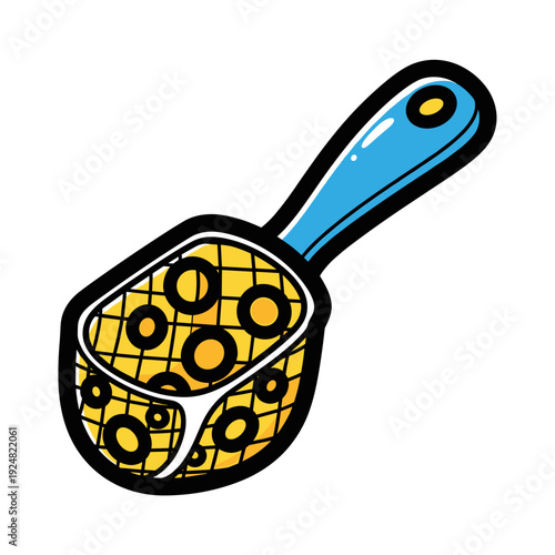 Colorful illustration of a mesh scoop with a blue handle, isolated on a white background, featuring a vibrant pattern of circles